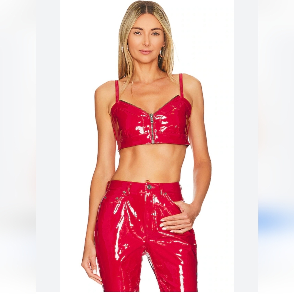 $68 AFRM Portia Zip Bra Top in True Red Patent Leather X REVOLVE